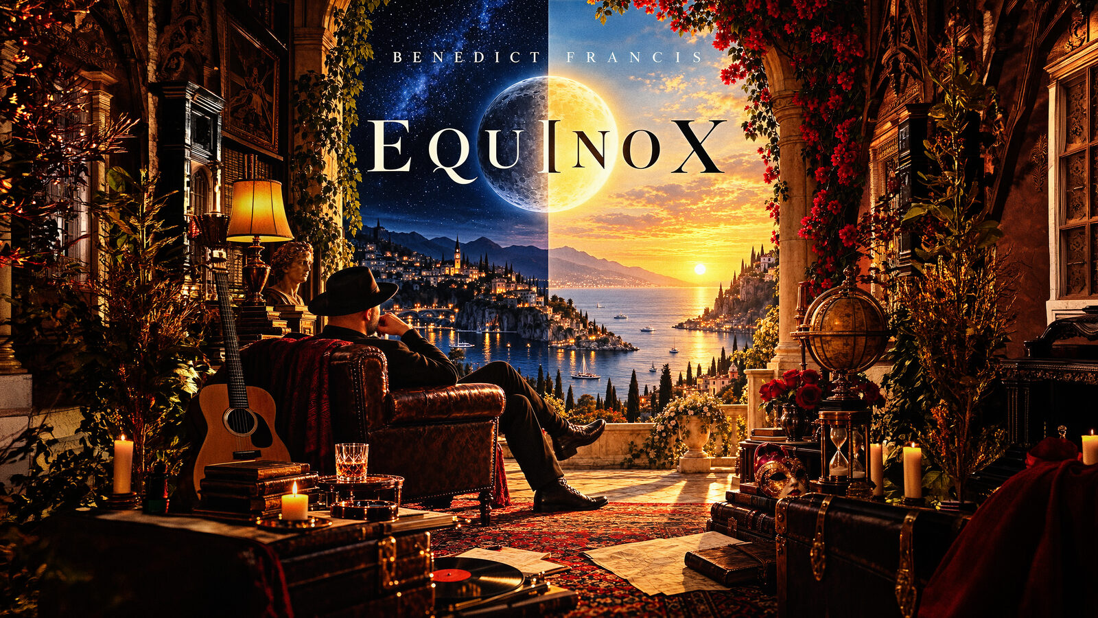 The Equinox artwork: a man in a hat sits in a leather armchair with his back to us, looking out from a candlelit room over a Mediterranean bay. The sky is split down the middle, starry night on the left and golden sunset on the right, with a half-moon, half-sun disc between the words Benedict Francis and Equinox.