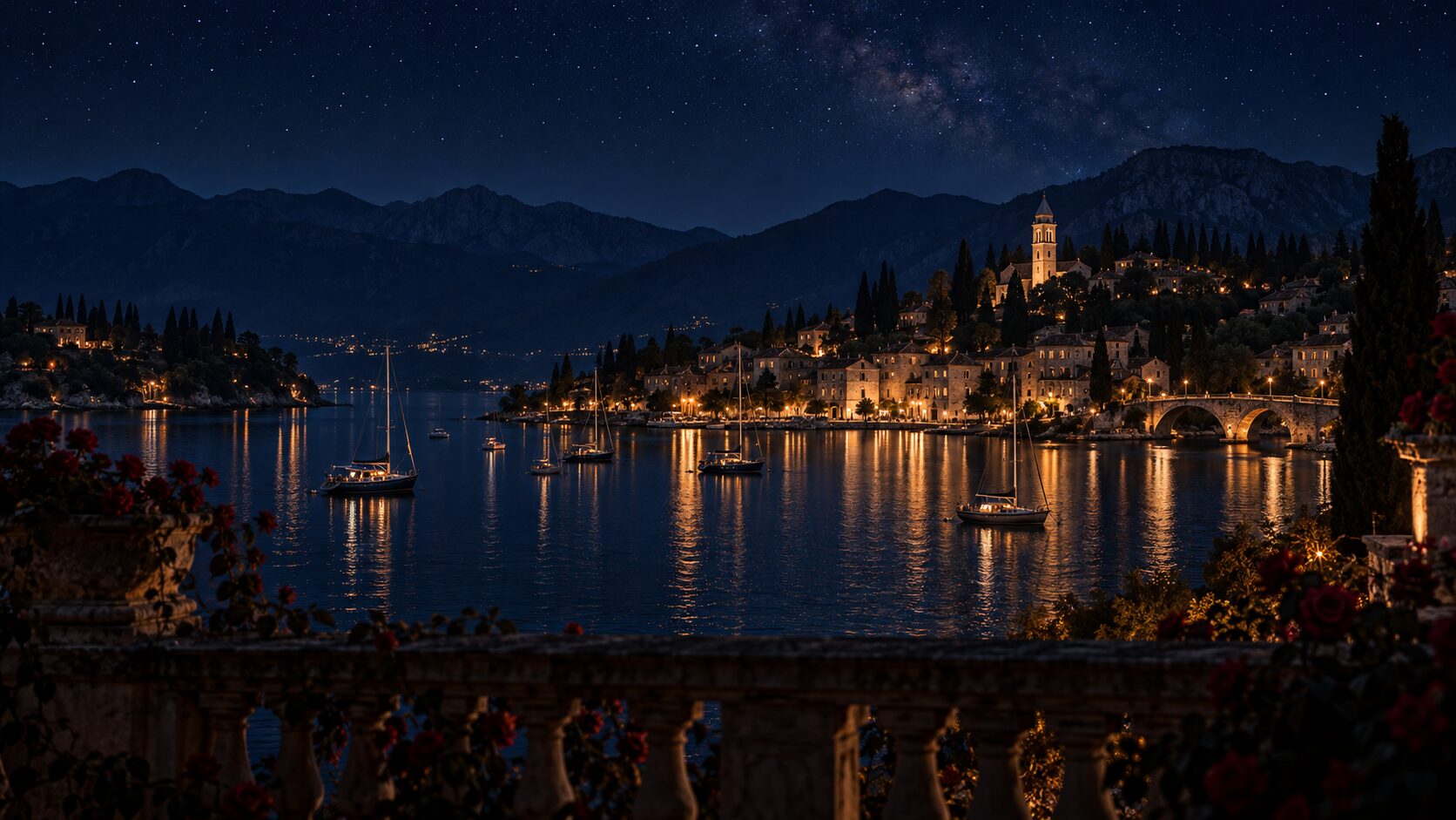 A Mediterranean bay at night seen from a terrace: a hillside town with a lit bell tower, boats at anchor and a sky full of stars.