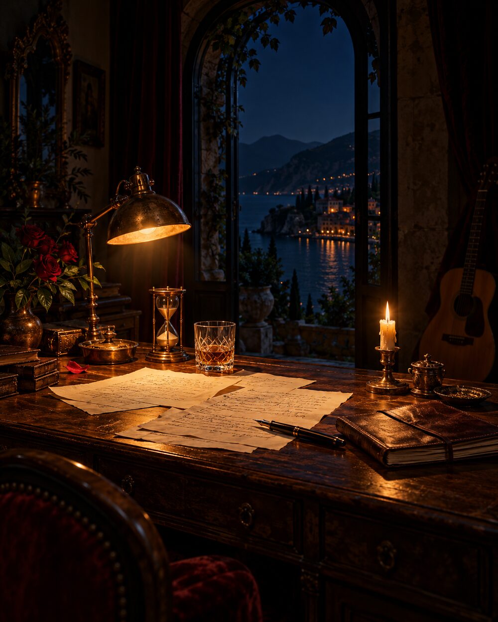 A writing desk at night by candlelight: handwritten lyric sheets, a pen, an hourglass and a whisky glass, with a guitar in the shadows and a moonlit bay through the window.