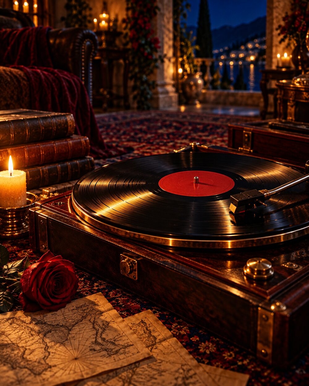 A record player on a Persian rug by candlelight, a single red rose beside it.